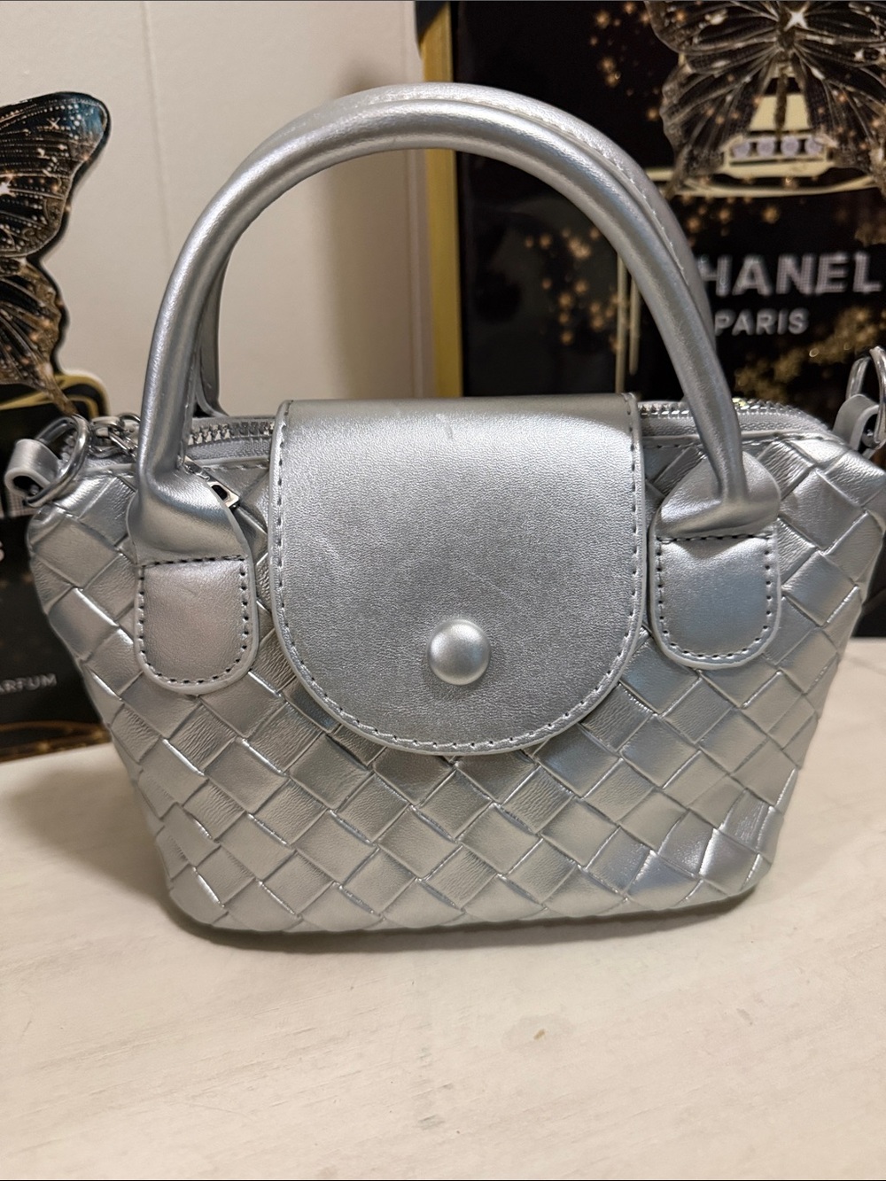 Metallic Silver Woven Mini Satchel with Top Handles
